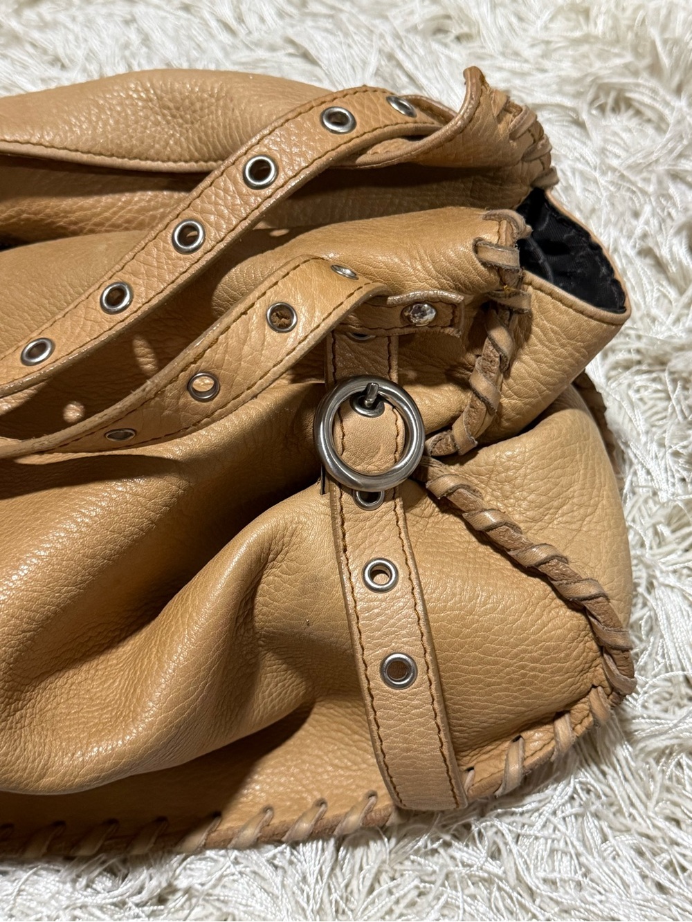 Furla Italian Leather Slouchy Hobo Shoulder Bag Whipstitch Tote - Picture 8 of 11